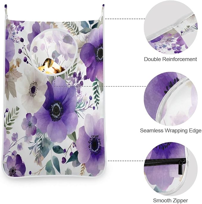 Purple and White Silver Lotus Flowers and Berries Hanging Laundry Hamper Door Hampers Bag Basket with Stainless Steel Hooks Oxford Fabric Printing Decorative Clothes Bags 29.5X20inch 1Pack