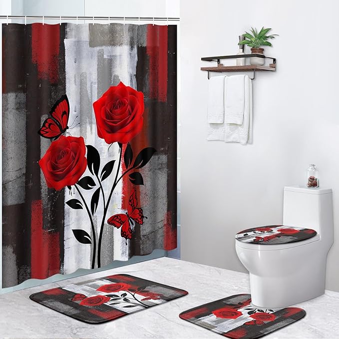 Pamnest 4 Pcs Shower Curtain Sets, Red Rose Flower Summer Grey Abstract Waterproof Bathroom Sets with Non-Slip Rugs, Toilet Lid Cover and Bath Mat, Accessories Modern Home Bathroom Decor 72" X 72"
