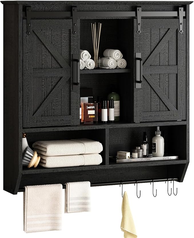 RUSTOWN Farmhouse Bathroom Wall Cabinet,3-Tier Rustic Wood Wall Mounted Cabinets,Vintage Medicine Cabinet with Sliding Barn Door and Adjustable Shelves,Over The Toilet Storage Cabinet (Black)
