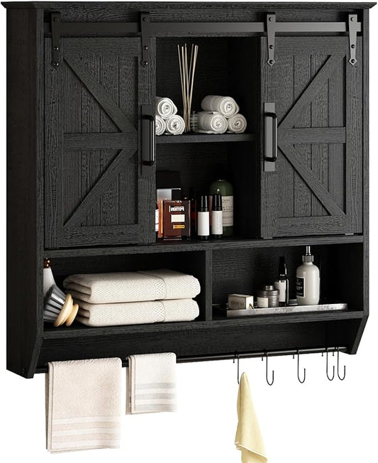 RUSTOWN Farmhouse Bathroom Wall Cabinet,3-Tier Rustic Wood Wall Mounted Cabinets,Vintage Medicine Cabinet with Sliding Barn Door and Adjustable Shelves,Over The Toilet Storage Cabinet (Black)