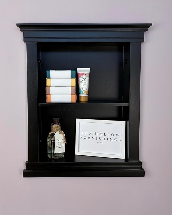Fox Hollow Furnishings 14x18 Elliot Craftsman Recessed Wood Wall Niche, Open Medicine Cabinet Replacement, in The Wall Bathroom Cabinet Insert Shelves, Made in North America, NO MDF, Plain, Black