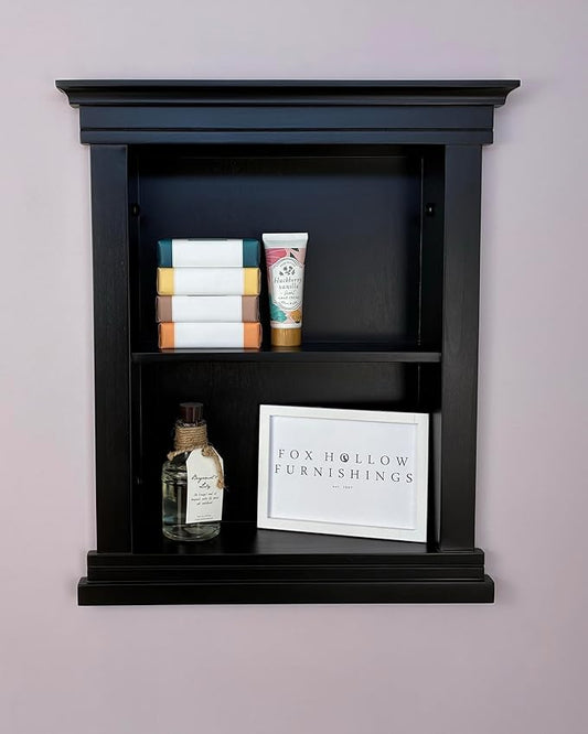 Fox Hollow Furnishings 14x18 Elliot Craftsman Recessed Wood Wall Niche, Open Medicine Cabinet Replacement, in The Wall Bathroom Cabinet Insert Shelves, Made in North America, NO MDF, Plain, Black