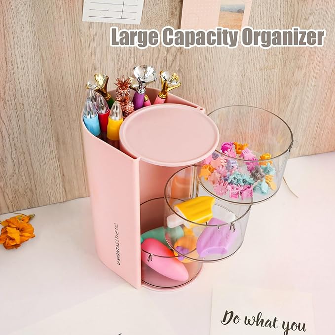 WCHOSOZH 3-Tier Clear Hair Accessories Organizer with Hair Brushes Holder, Rotatable Drawer Makeup Sponge Holder Desktop Organizer Case for Makeup Brush Lipsticks Q-tip Cotton Swab Stationery (Pink)