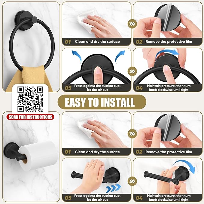 Matte Black Suction Cup Bathroom Accessories Set,Towel Racks for Bathroom,5 Piece Bathroom Hardware Set Restroom Accessories,Includes 24 inch Towel Bar,Towel Ring,Toilet Paper holder,Suction Cup Hooks
