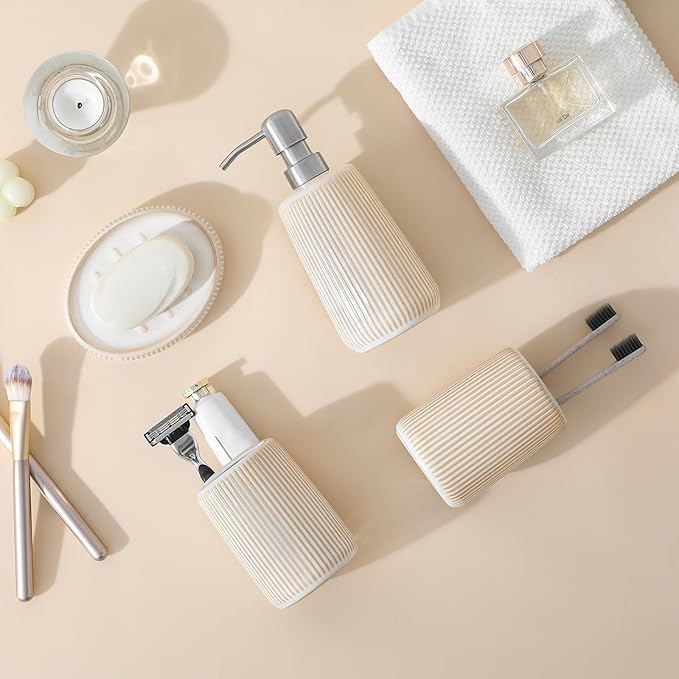 vancasso Ceramic Bathroom Accessories Set 4 Piece, Soap Dispenser with Stainless Steel Pump, Toothbrush Holder, Tumbler and Soap Dish, Modern Relief Design, Bathroom Decor Organizer, Beige-White