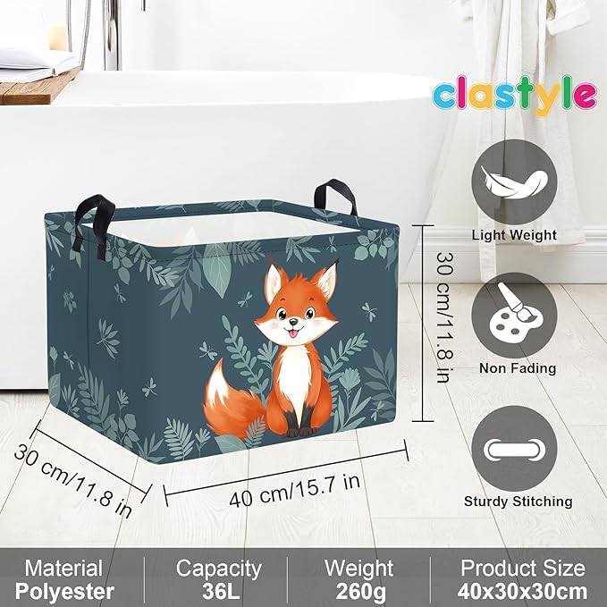 Clastyle Cute Woodland Animal Laundry Basket Kids Clothes Book Storage Basket Gift Toy Box for Bedroom Decor,Fox,40x30x30 cm