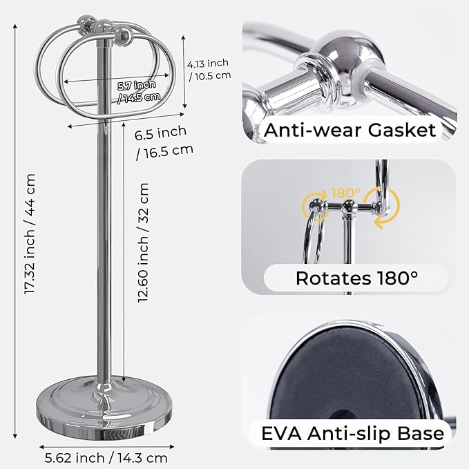 304 Stainless Steel Free Standing Bathroom Towel Rack & Towel Ring - 16Inch Non-Slip Base Floor Standing Towel Holder with Double Oval Rings for Bathroom, Bathtub (Sliver Chrome)