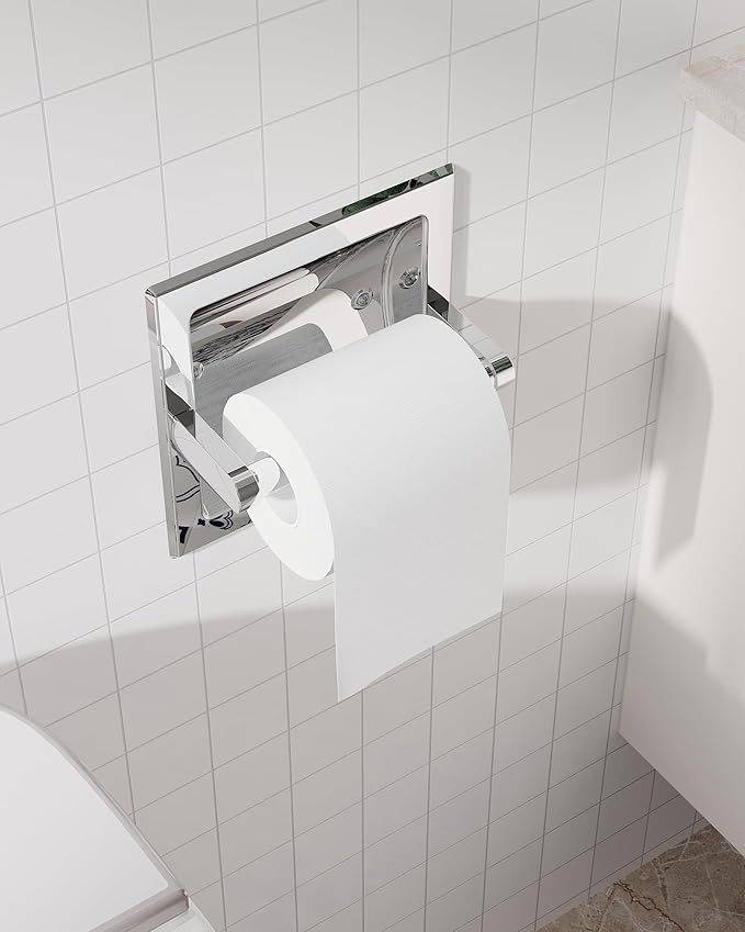 Polished Chrome Recessed Toilet Paper Holder, Bathroom Wall Mount Recessed Pivoting Toilet Tissue Roll Paper Holder Include Rear Mounting Bracket