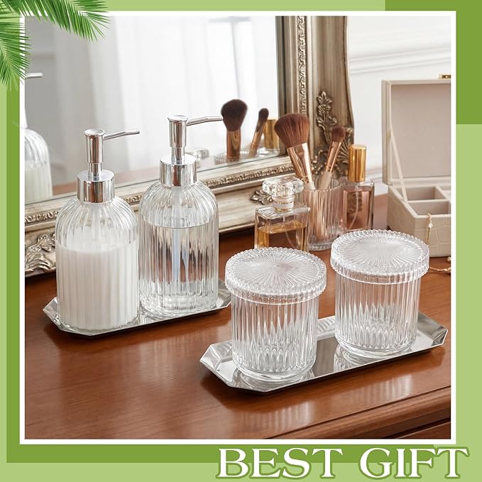 Yaomiao 7 Pack Clear Glass Bathroom Accessories Set, 2 Pcs Cotton Swabs Jar with Lids, 2 Pcs 18 oz Soap Dispenser with Pump and 2 Trays and Labels for Bathroom Kitchen Counter Organizer Vintage Gift