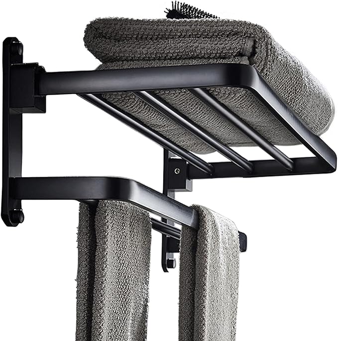 BOZWELL Bathroom Lavatory Towel Rack with Two Towel Bars,16-Inch（40cm） Towel Holder with Shelf BZ305-A (Matte Black)