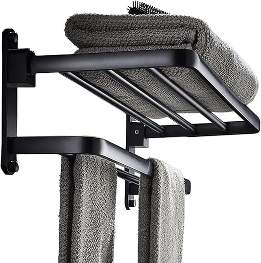 BOZWELL Bathroom Lavatory Towel Rack with Two Towel Bars,16-Inch（40cm） Towel Holder with Shelf BZ305-A (Matte Black)