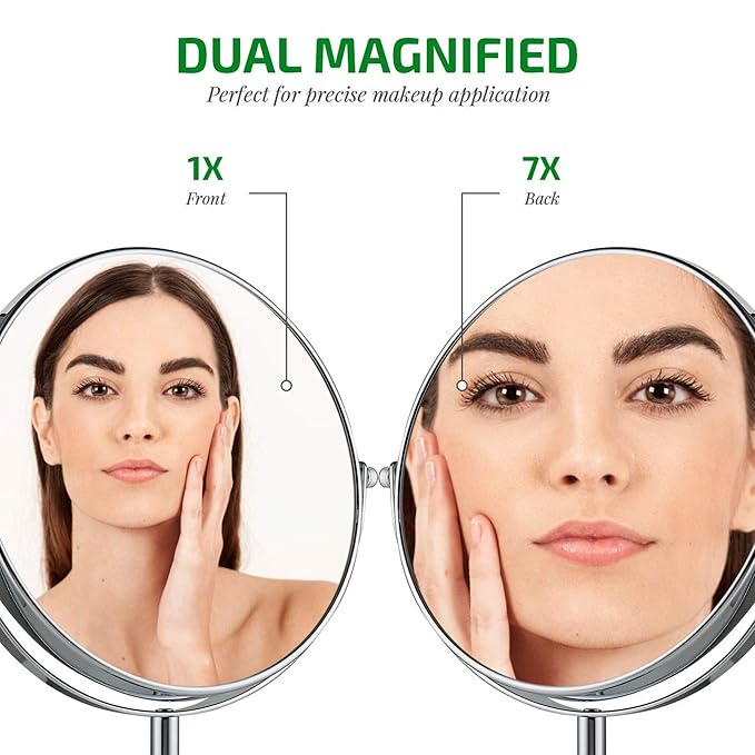 OVENTE 8" Tabletop Mirror, 1X & 7X Magnification, Adjustable Double Sided Round Table Mirror, Flip for Closeup View, Compact for Cubicle, Vanity and Travel, Polished Chrome MNLMT80CH1X7X (Pack of 2)