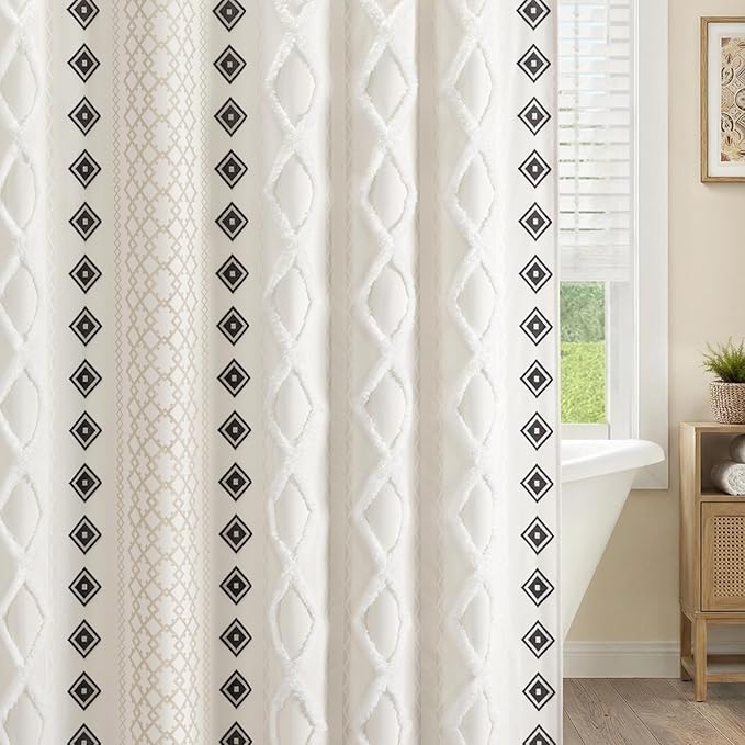 Boho Shower Curtain for Bathroom Cotton Fabric with Striped Print,White 72" W x 72" L