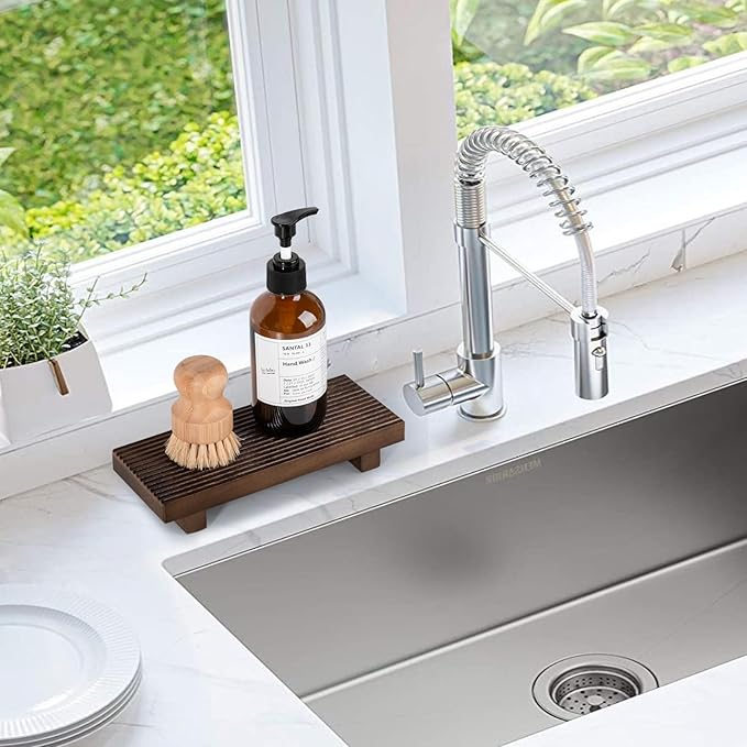 Bathroom Tray Farmhouse Decor Pedestal Stand Wood Riser Display Kitchen Accessories Soap Holder for Sink, Counter, Vanity, 8.7 * 3.6 Walnut