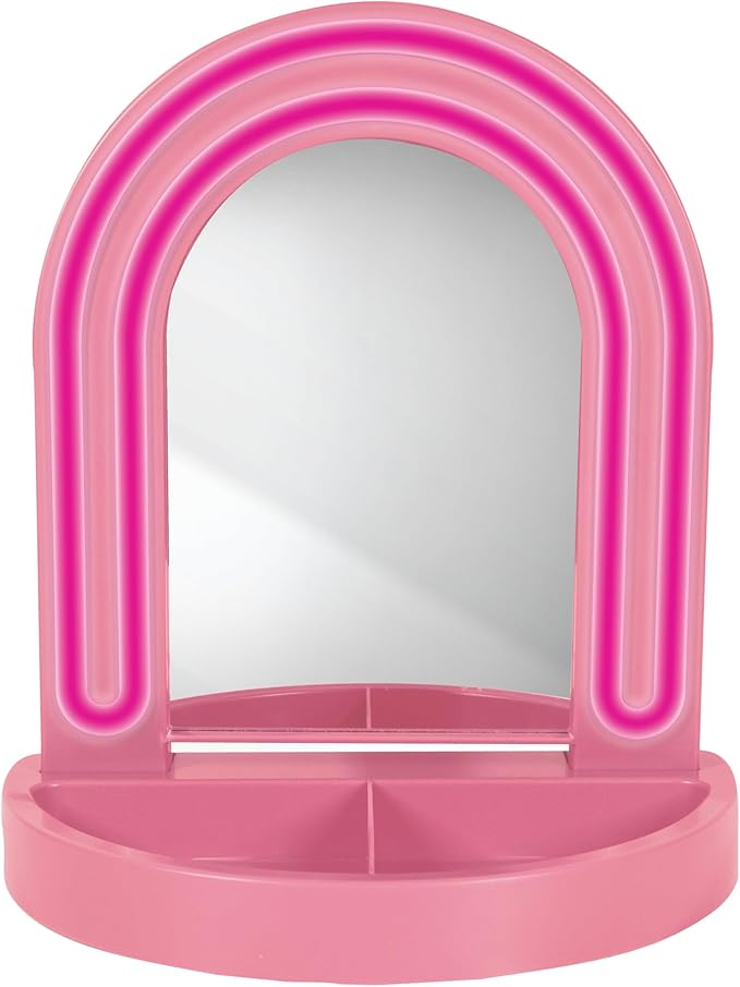 LED Vanity Mirror with Tray, for Desk, Dressing Table, Light Up Mirror for Makeup, Dorm Desk Vanity Mirror with Lights, Pink