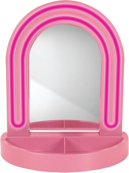 LED Vanity Mirror with Tray, for Desk, Dressing Table, Light Up Mirror for Makeup, Dorm Desk Vanity Mirror with Lights, Pink