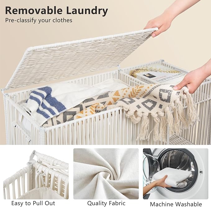 WOWLIVE Laundry Hamper with Wheels, Handwoven Laundry Basket with Lid, Shelves, Rolling Clothes Hamper with Removable Liner Bag, 110L Large Laundry Sorter Laundry Room Organization, White