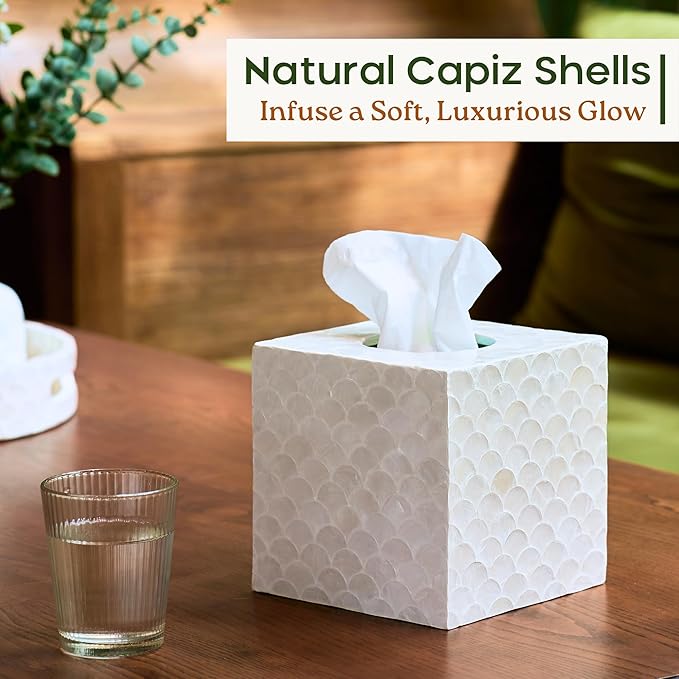 CHI AN HOME 5.8” Capiz Tissue Box Cover, Square Decorative Tissue Holder with Bottom Slider, Handmade Bathroom Accessories, Elegant White Cube for Vanity, Bedroom, Office & Coastal Décor (Natural)