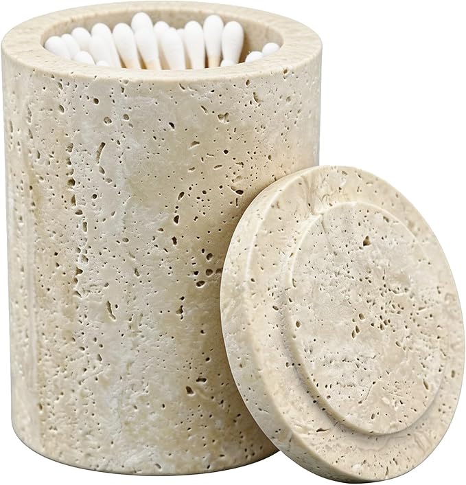 Natural Travertine Qtip Holder Cotton Swab Dispenser for Cotton Balls, Floss Picks, Makeup Storage Organizer