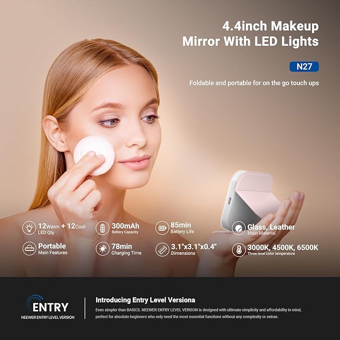 NEEWER Entry Level Version 4.4" Lighted Makeup Mirror with LED Lights, Portable Foldable Travel Vanity Mirror, 300mAh Lithium ion Battery/3 CCT Modes for TikTok Beauty Bloggers Selfies, N27