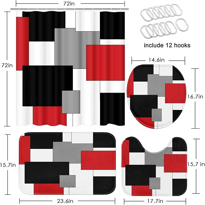 Red Geometric Shower Curtain Set with Toilet Lid Cover and Non-Slip Rugs for Bathroom, Black White Grey Checkered 4 Pcs Shower Curtain, Modern Abstract Bathroom Set with 12 Hooks