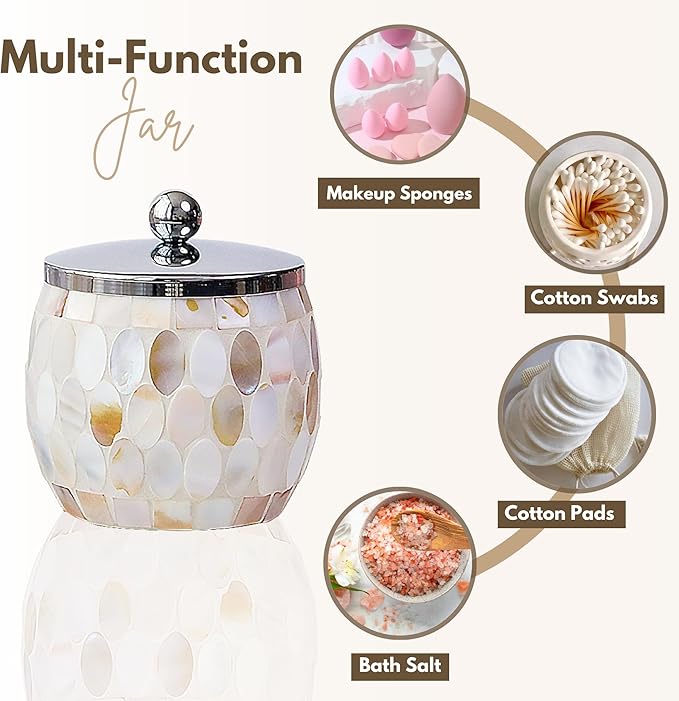 Escenzy Natural Shell Bathroom Accessories Sets 3 Pcs | Luxurious Glass Soap Dispenser, Toothbrush Holder, Cotton Jar | Modern Decor Bling Mosaic Glass Decorative Bathroom Accessories