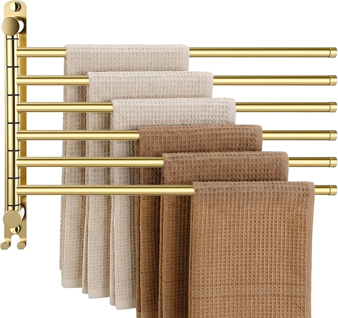 Teenyyou 16.5 Inches Swivel Towel Rack 304 Stainless Steel 6 Arms Bathroom Towel Rack Hanger Pool Holder Wall Mounted Swivel Bar Space Saving with Hook(Gold)