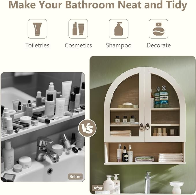 IFGET Bathroom Arched Wall Cabinet, 23.6'' Wide Medicine Cabinet with Adjustable Shelves & Acrylic Glass Doors, Over The Toilet Storage Wall Mount Cabinet for Laundry Room,Kitchen & Living Room, Cream