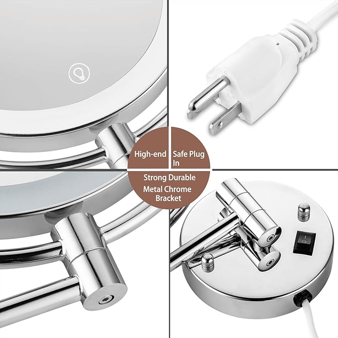 Wall Mounted Lighted Makeup Mirror with Magnification, 8-inch 1X/10X Wall Mount Magnifying Mirror for Bathroom, Touch Dimmable, 360 Degree Swivel, 2-Sided, Extendable Arm