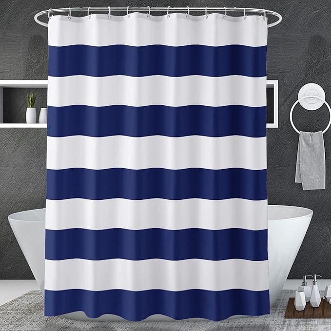 AmazerBath Navy Blue Shower Curtain Stripes, 72" W x 72" H Blue and White Shower Curtain, Fabric Shower Curtains for Bathroom with 2 Heavy Stones, Water Repellent