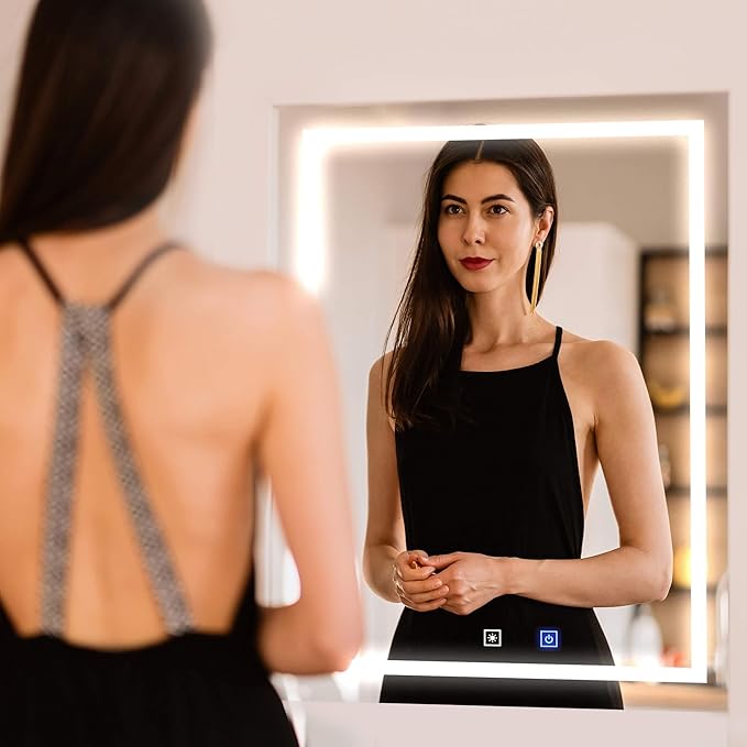 30x40 Inch Rectangular LED Bathroom Mirror with Lights Front and Backlit, 3 Color Modes, Touch Dimmer, Anti-Fog - Wall Mounted Vanity Mirror for Bathroom, Bedroom - Fab Glass and Mirror