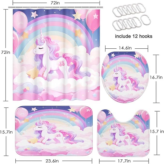 Arttown Unicorn Rainbow Balloon Bathroom Set with Shower Curtain and Rugs and Accessories, Pink Cloud Colorful Kids Shower Curtains, Modern Bathroom Decor 4 Pcs