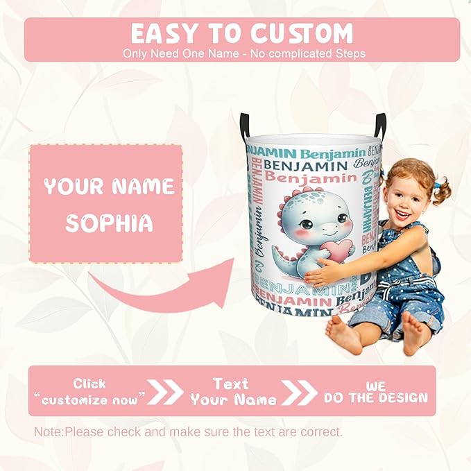 Custom Dinosuar Laundry Baskets, Personalized Dinosaur Gifts with Customized Name, Collapsible Laundry Hamper for Kids Adults Home Decoration,16.5 X 13.8in
