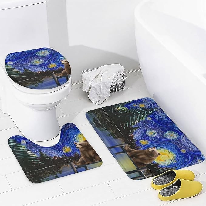 Funny Forest Animal Bear Shower Curtain Sets with Rugs 4 Piece Accessories Bathroom Curtains Shower Set Include Shower Curtain Non-Slip Rug Toilet Lid Cover Bath Mat One Size