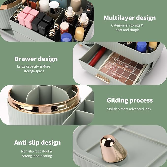 Beborxue 360?? Rotating Makeup Organizer for Vanity with Drawers, Large Capacity Cosmetic Display Case, skincare organizer, Cosmetic Organizer for Lipstick, Skincare, Brushes, Eyeshadow, (Green)