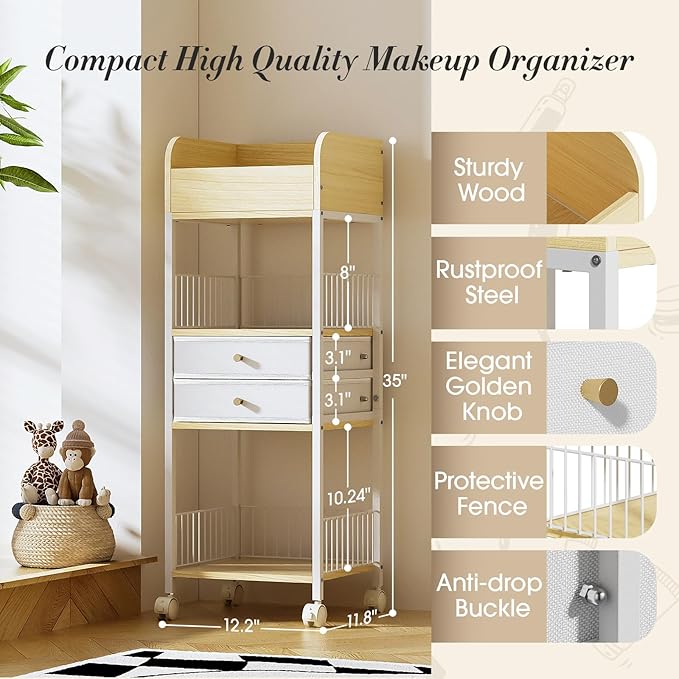 Makeup Organizer Storage Rolling Cart, Floor Bathroom Organizers with Drawers Wheels, Versatile Skincare Perfume Hair Nail Accessories Vanity Craft Organizer, for Dorm Kitchen Home White Metal Wood