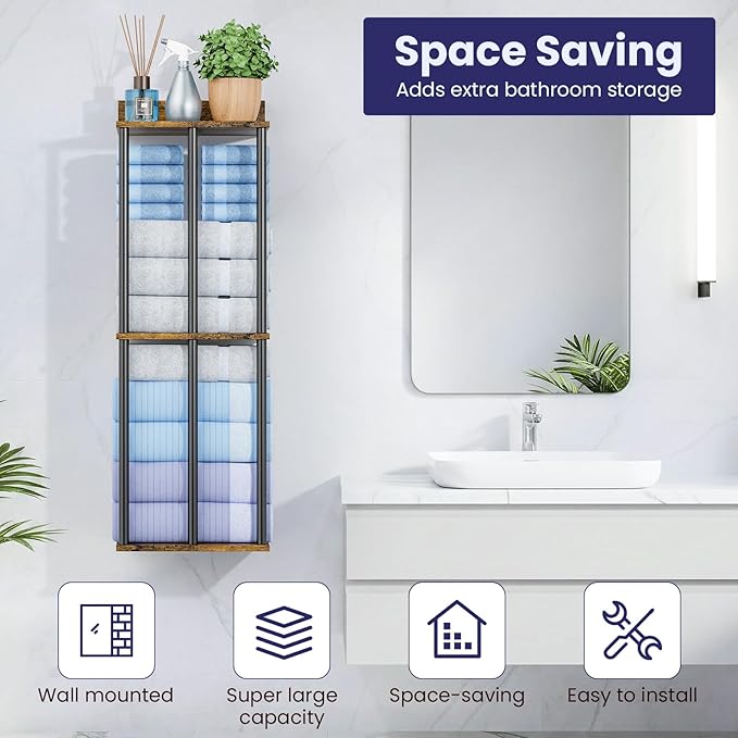 34 Inch Bathroom Towel Rack with Shelf – Modern Towel Holder for Bathroom Wall Mounted, Holds 6 Large Bath Towels, Rolled Towel Organizer for Bathroom, Laundry Room, and Small Space Storage, 3-Tier