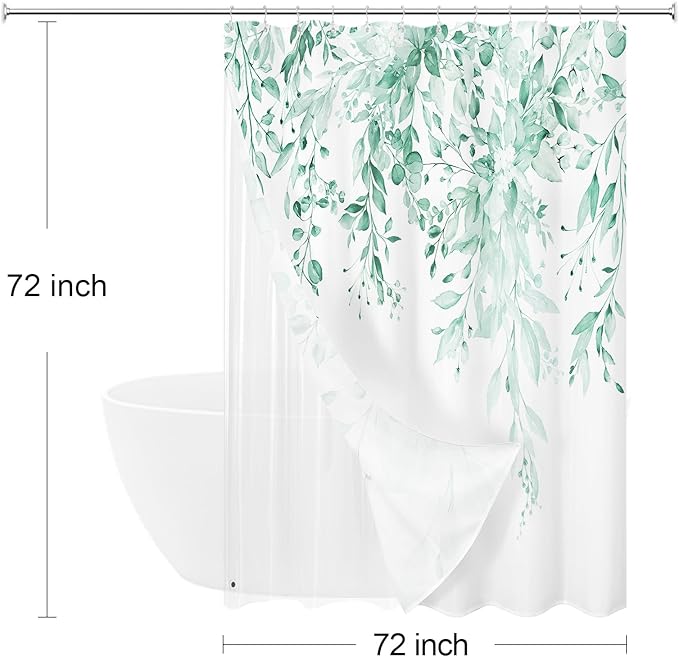 Gibelle 3 in 1 Shower Curtain Set, 72x72 MintGreen Eucalyptus Bath Curtain and PEVA Liner Set with 12 Metal Hooks, Waterproof Fabric Bathroom Curtain