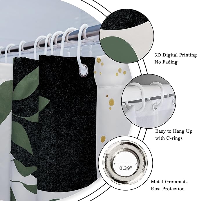 Riyidecor Boho Dark Green 4Pcs Bathroom Shower Curtain Sets Mid Century Abstract Modern Minimalist Bathroom Decor Set with Rugs and Accessories Leaf Toilet Lid Rug, Contour and Bath Mat with 12 Hooks