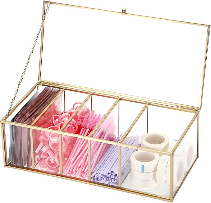 ELLDOO Lash Extension Organizer Box with Lid, Gold Glass Eyelash Supplies Organizer Storage Box, 5 Compartments Bathroom Supplies Storage Container for Cotton Swabs, Balls, Pads, Floss Picks