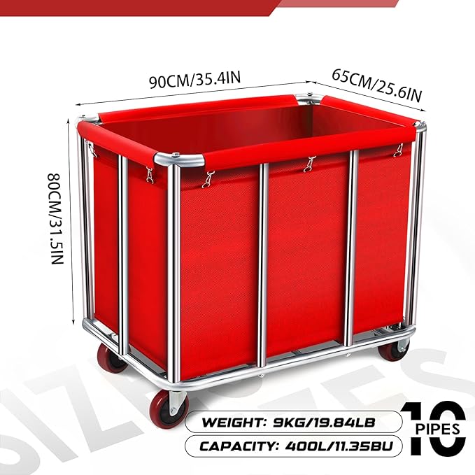 Commercial Laundry Cart with Wheels, 400L Large Rolling Laundry Cart with Steel Frame and Oxford Cloth, Heavy Duty Industrial Laundry Cart for Home,Hotel,Laundry Room, 441 lbs Load (Red-10)
