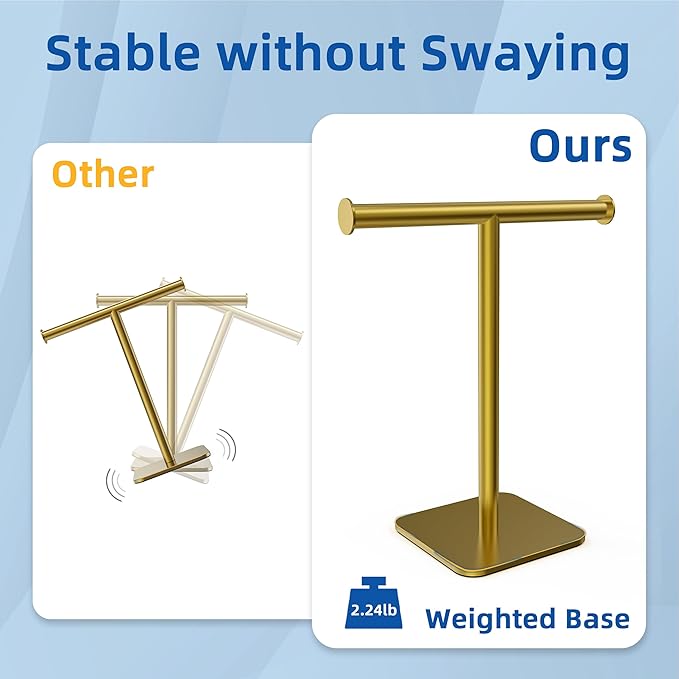 RUACQ Hand Towel Holder Stand, T-Shape Stainless Steel Free Standing Towel Rack, Vanity Countertop Towel Holder for Bathroom Kitchen Heavy Duty (Brushed Gold, 2 Pack)
