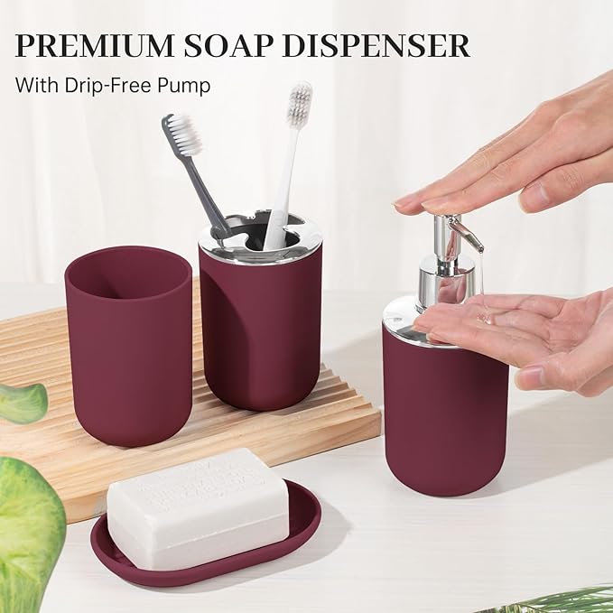 Bathroom Accessory Set, 4 Pcs Plastic Bathroom Set Include Soap Dispenser, Soap Dish, Toothbrush Holder, Mousewash Cup, Modern Bahtroom D??cor Set, Space Save for Bathroom(Burgundy)