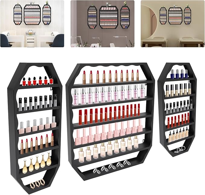 Metal Wall Mounted Nail Polish Storage Racks 3 Pcs, Cosmetic Multi-Tiers Display Case, Lipstick Perfume Essential Oil Organizer Octagonal Floating Shelf for Home Spa Nail Salon Shop (Black)