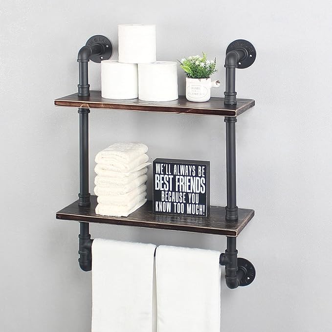 Industrial Pipe Shelf Bathroom Shelves Wall Mounted,19.6in Rustic Wood Shelf with Towel Bar,2 Tier Farmhouse Towel Rack Over Toilet,Pipe Shelving Floating Shelves Towel Holder,Retro Black