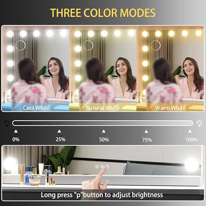 Gvnkvn Vanity Mirror with Lights, 22.8WX18.2L Tabletop Hollyhood Makeup Mirror with USB & Type-C Charing, Hollywood Lighted Mirror with 20 LED Bulbs,Touch Control,Metal Frame,Gold