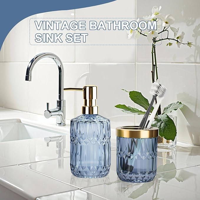Glass Bathroom Accessories Set, 2PCS Clear Glass Bathroom Accessory, Toothbrush Holder and Soap Dispenser Set for Modern Bathroom Decor(Blue)