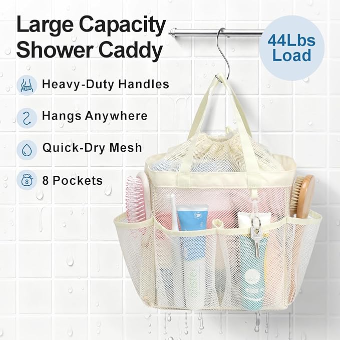 F-color Mesh Shower Caddy Portable with Drawstring -Upgrade Deeper 7 Pockets Dorm Room Essentials for Guys Girls with S Hook, Shower Bag Basket Tote for College Camping Gym Bathroom, Butter White