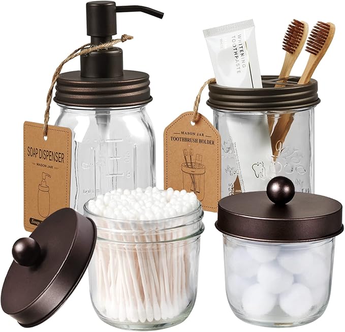 Amolliar Mason Jar Bathroom Accessories Set(4 Pack) -Bronze-Lotion Soap Dispenser&Qtip Holder Set&Toothbrush Holder-Rustic Farmhouse Decor Apothecary Jar Bathroom Countertop,Vanity Organize (Bronze)