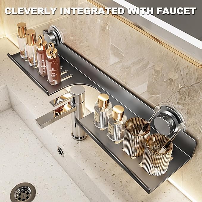 Suction Cup Bathroom Organizer, Over The Sink Soap Dispenser Holder, No Drill Wall Mounted Shelf for Bathroom Vanity, Kitchen Sink, Countertop Storage,60cm